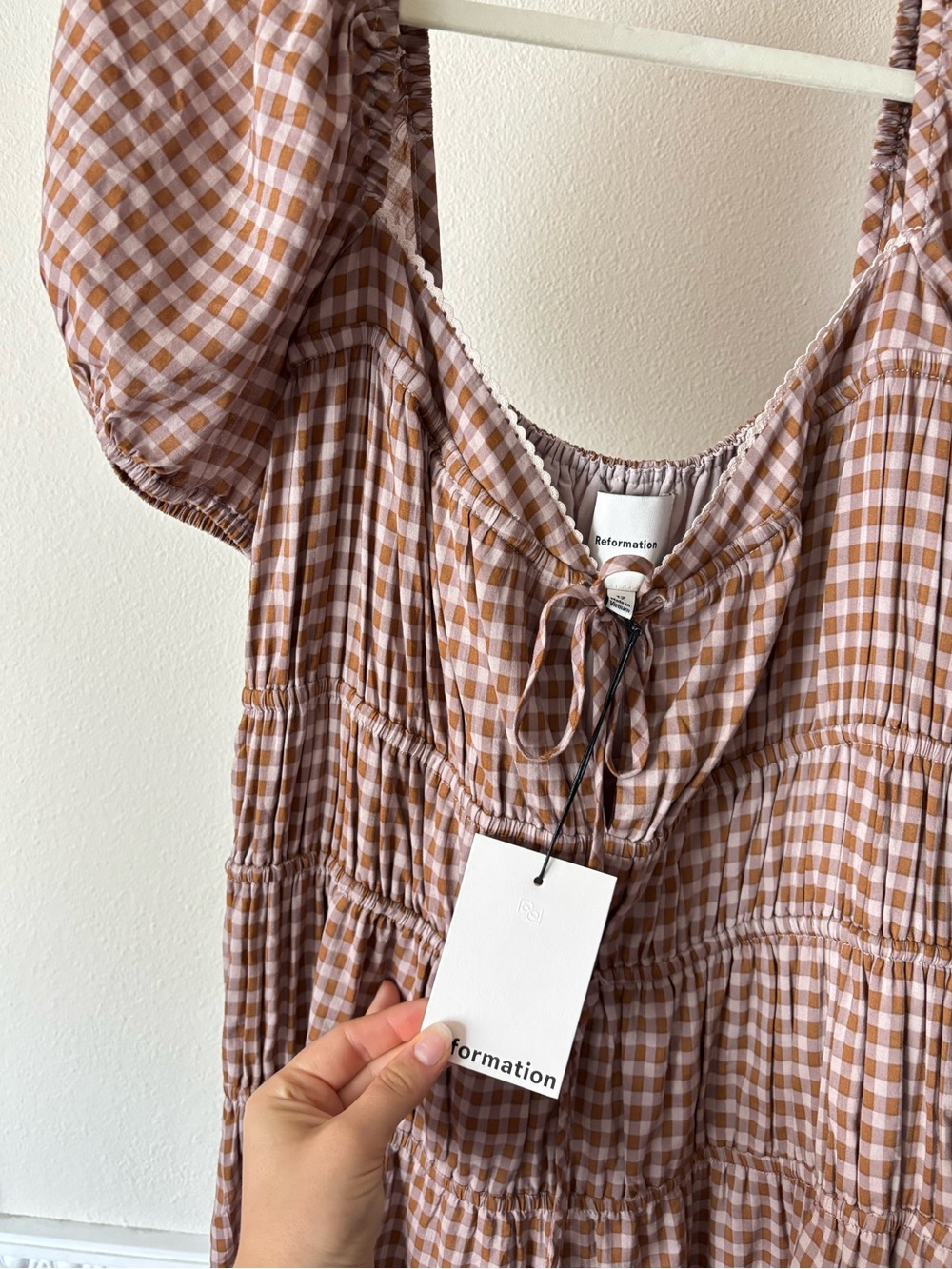 NWT Reformation Brown Gingham Maxi Dress with Puff Sleeves Size 12 - Picture 4 of 5